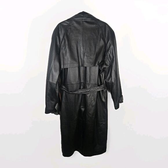 Vtg Baracuta Trench Coat Black Leather Collared Double Breasted Belt Lined Large - Picture 9 of 16